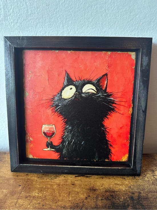 Other - Framed Black Cat Wine Wooden Wall Art - Red Background Home Decor 8x8” NWT